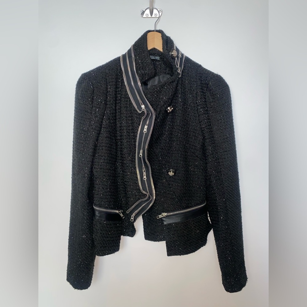 TOV Black Tweed Jacket w/ Zipper‎ and Metallic Accents | Size 40 (US M 6/8)